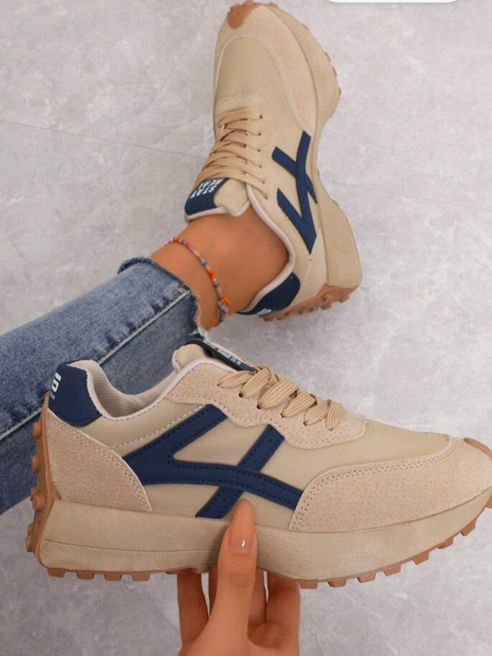 Beige and Navy Women's Retro Trainer Sneakers